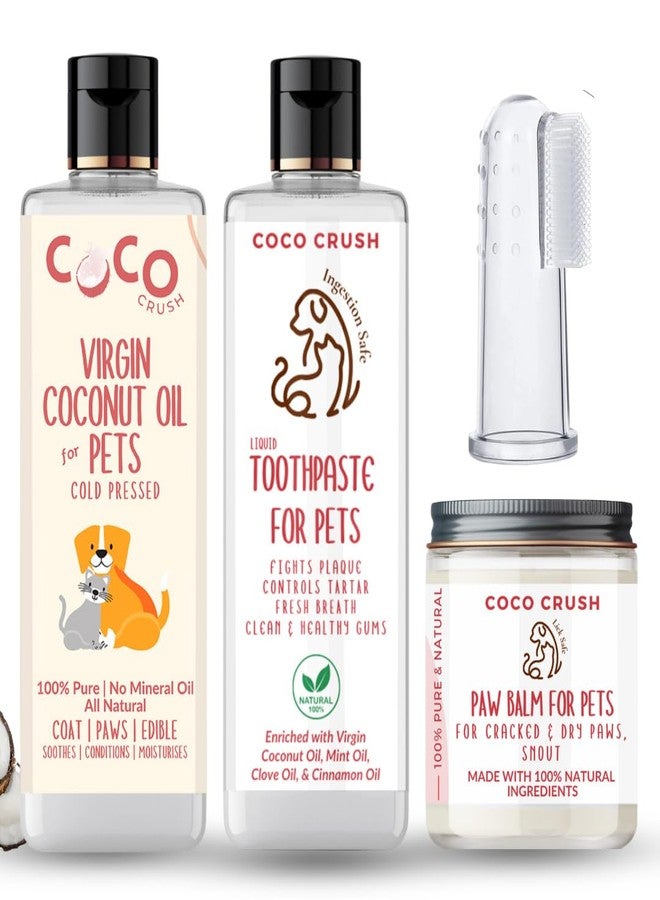 Coco Crush Pet Essentials Combo - 100% Natural Liquid Toothpaste, Toothbrush, Virgin Coconut Oil, & Paw Balm | Organic Ingredients, Ingestion safe | For Dogs, Cats, Puppies, Kittens (50g toothpaste, brush, 25g balm, & 50g coconut oil; 125g) - Image 1